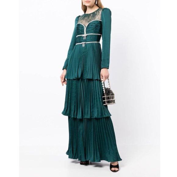 Self-Portrait Dresses & Skirts - NWT Self Portrait Pleated Tiered Maxi Dress with Lace and Crystals Green Sz UK 8